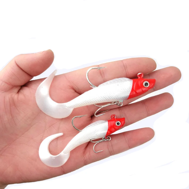 

Hot Seller 7.5cm 95mm Soft Fish Lures 3D Eyes Silicone Jig Lead head Swim Bait Lure Bionic Long Tail Soft Lures, 4 colors
