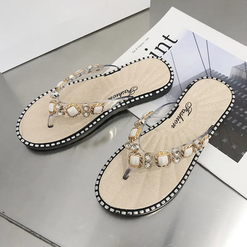 

Women Slippers Sandala Casual Beach Outdoor Pvc Diamond Crystals Flip Flops For Women, As show in picture