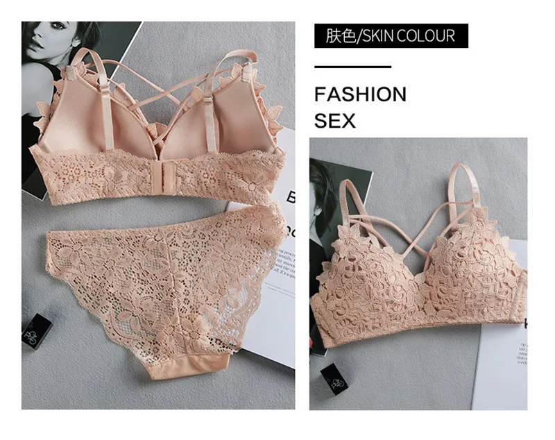New fashion underwear women sexy thin lingerie set 3/4 Cup embroidered lace wireless sexy bra brief sets