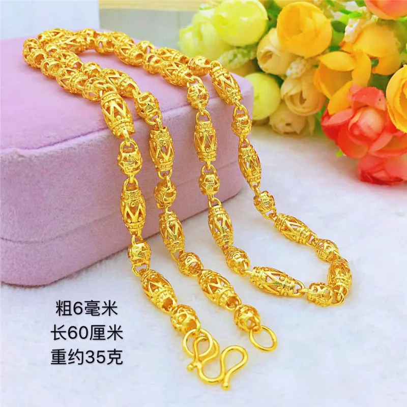 

Vietnam Placer Gold Men's Leaky Olive Beads Necklace Gold-Plated Copper Jewelry Hollow Alluvial