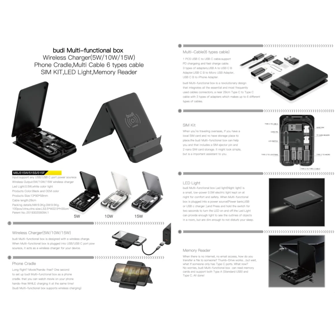 
new mobile phone accessories and gadgets budi 5W/15W wireless charger with 6 in 1 type-c to type-c data cables for phone charger 