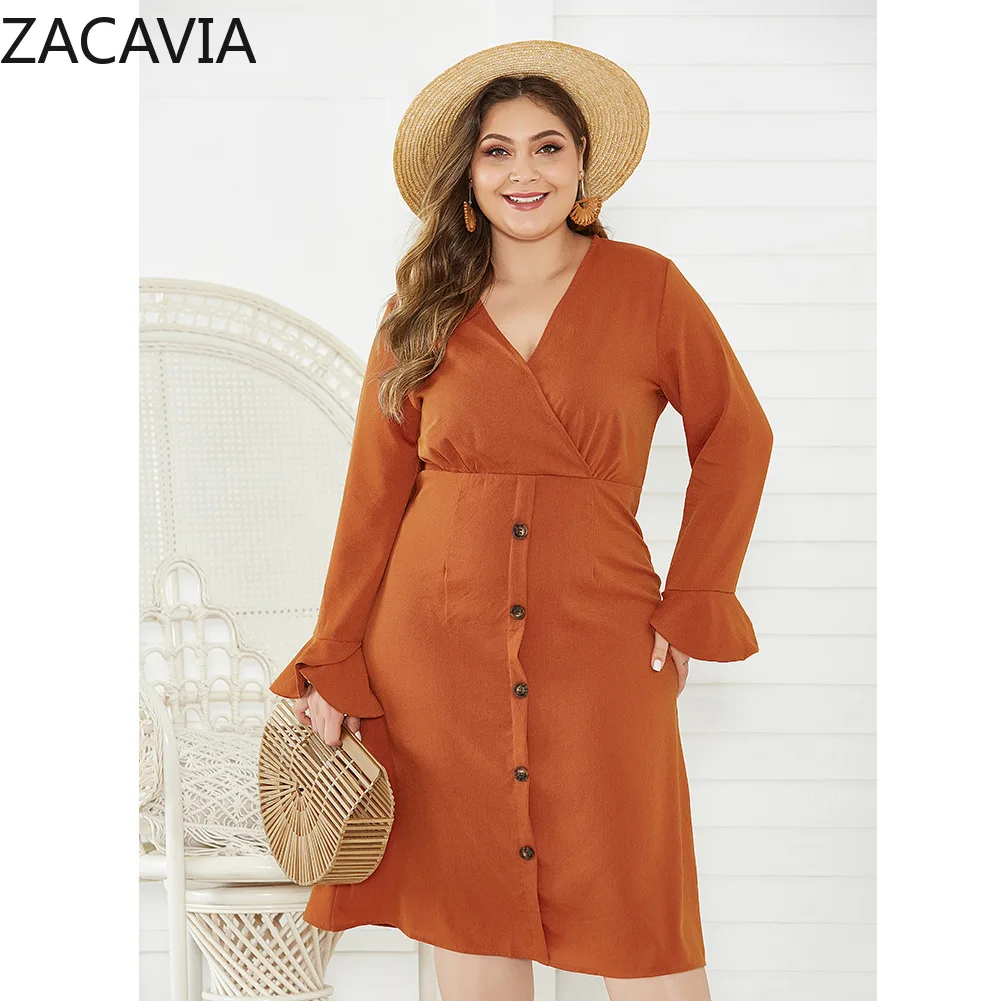

ZACAVIA 2021 Autumn Designing Casual Dress V-neck New Product Solid Color Dress Long-sleeved Large Size Dress, Photo color