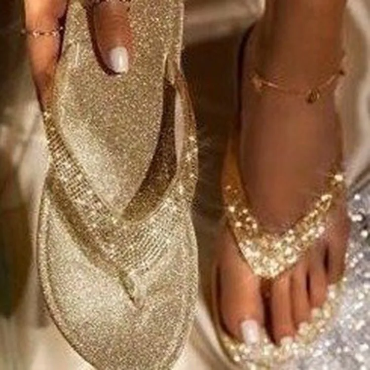 

Fashion indoor and outdoor flat slides shiny decorative women flip flops slippers