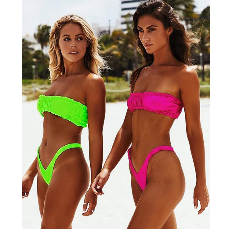 

Free Shipping Womens Swimsuits 2 Pcs pleated Crop Top Bottom Bikini Bathing Suits for Women Two Piece Tankinis Bathing Suit