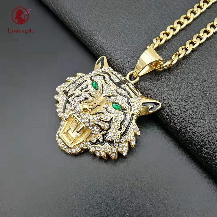 

Hips Hops Rapper Jewelry Crystal Animal Necklace Stainless Steel Colored Cubic Zircon Tiger Head Necklace For Men