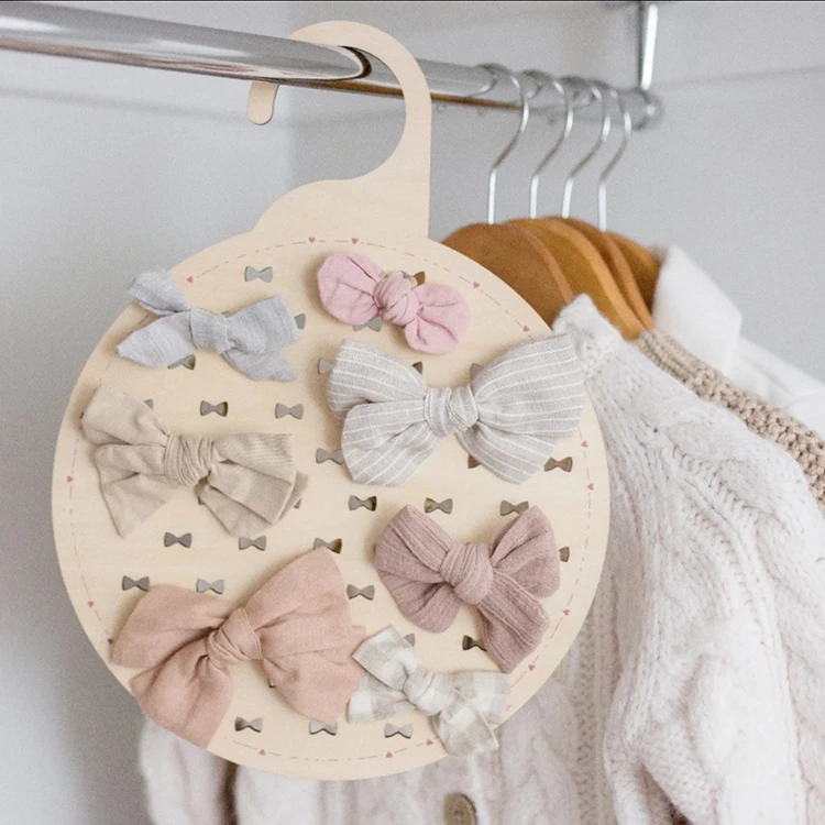 

Handmade Girl Hair Bow Storage Round Wood Holder Organizer Hanger Kid Room Decor for Headband Hair Clips Accessories, As picture