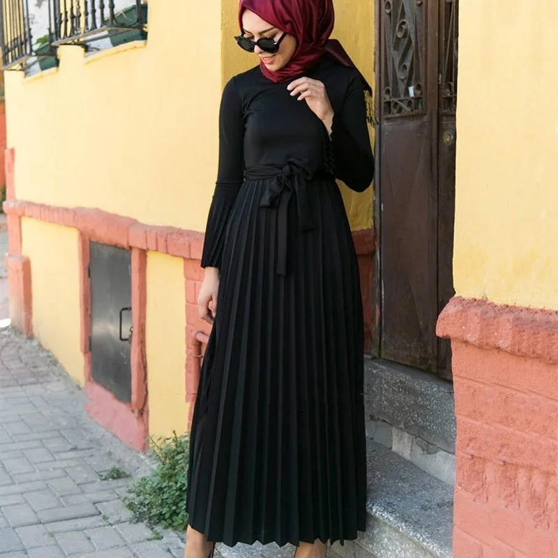 Islamic Clothing Solid Color Muslim Dress Abaya Long Flare Sleeve ...