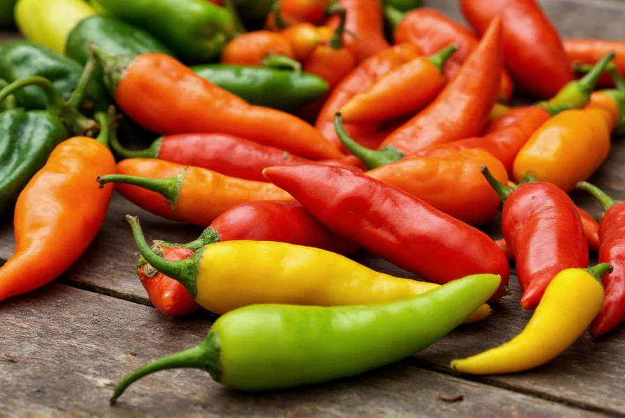 Close-up of various chili pepper varieties showing different shapes, colors, and sizes on a gardening table