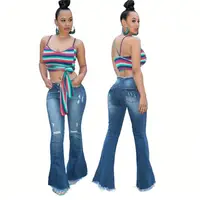 

10707NA Hot Onsale Wide Leg Washed Ripped Stretch Flared Pants Women Jeans 2020 Fashion Boutique Clothing