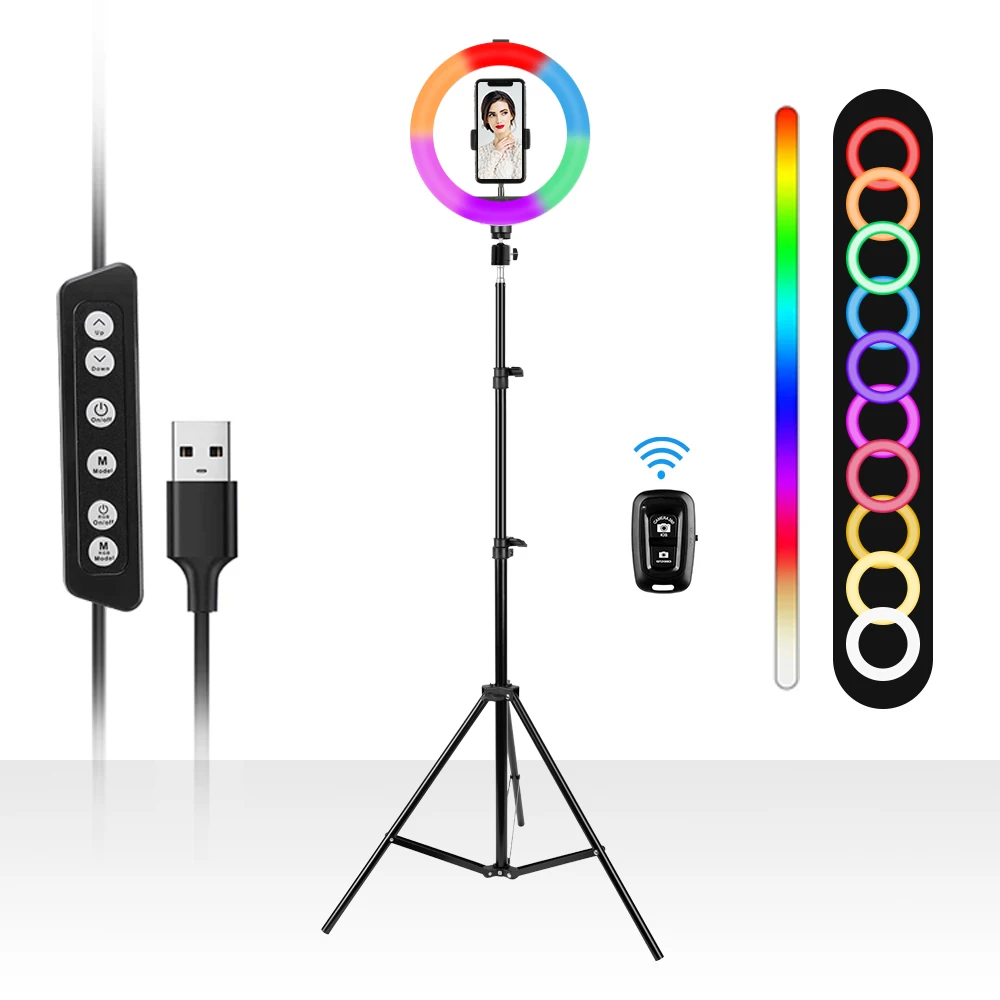 

10 inch RGB LED selfie ring light with 1.6m 2.1m adjustable tripod wireless remote control for photography Makeup for Tik Tok