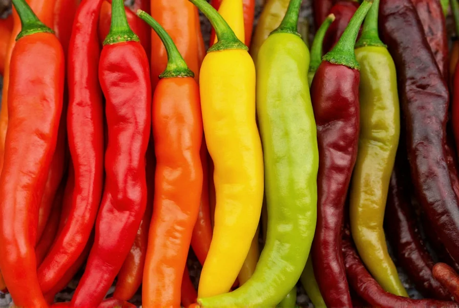 Close-up photography of various hot chili peppers arranged by heat level from mild to extreme, showing color variations and physical characteristics