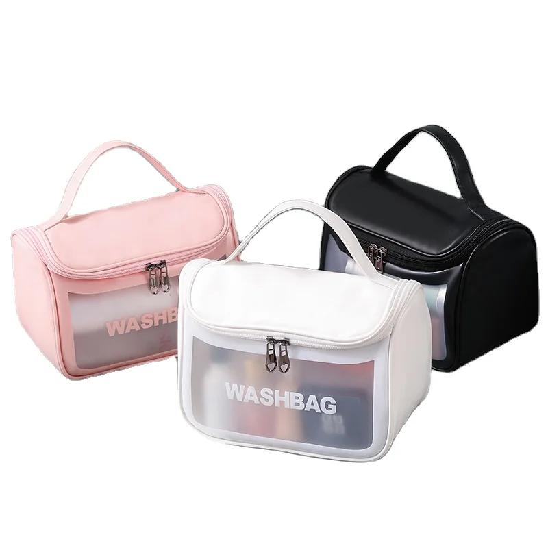 

low MOQ Custom logo large capacity waterproof Pvc Transparent Makeup Bag wash bag toiletry skin care Cosmetic Bag