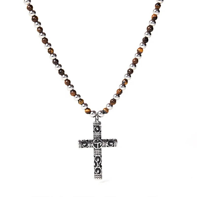 

2021 new jade pendant bead necklace men beads stainless steel necklace chain cross jewelry