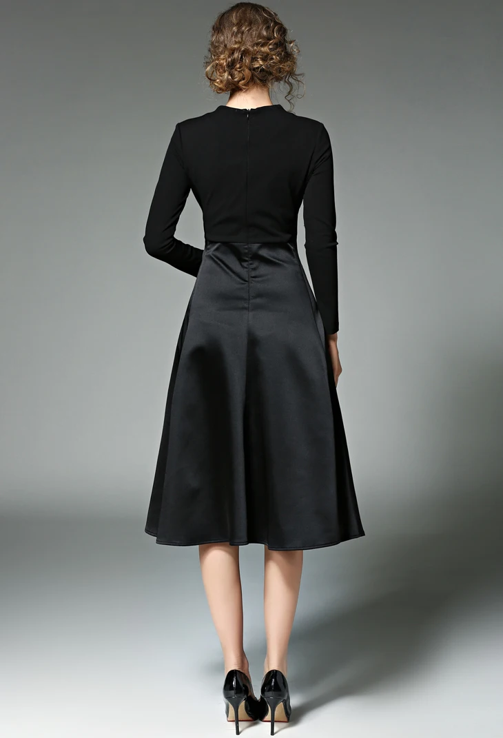 New Slim Dresses O-Neck Fashion Patchwork Mid Elegance Empire Full Sleeve Womens Clothing D9N201B