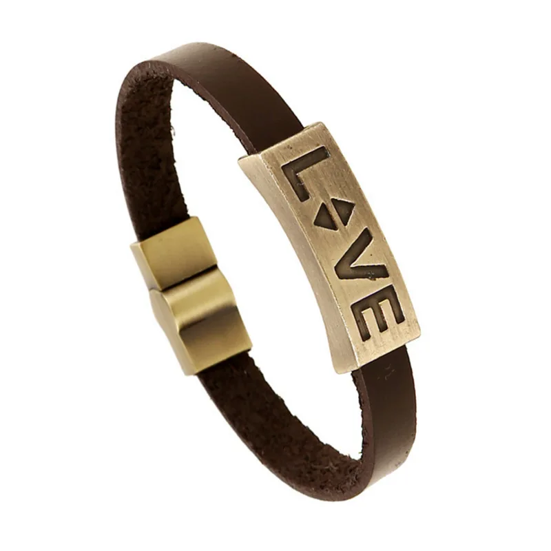 

2020 Men Vintage Gold Engraved LOVE Real Leather Wrist Bracelet Magnetic Clasp Genuine Leather Cuff Bracelet for Valentine Gifts