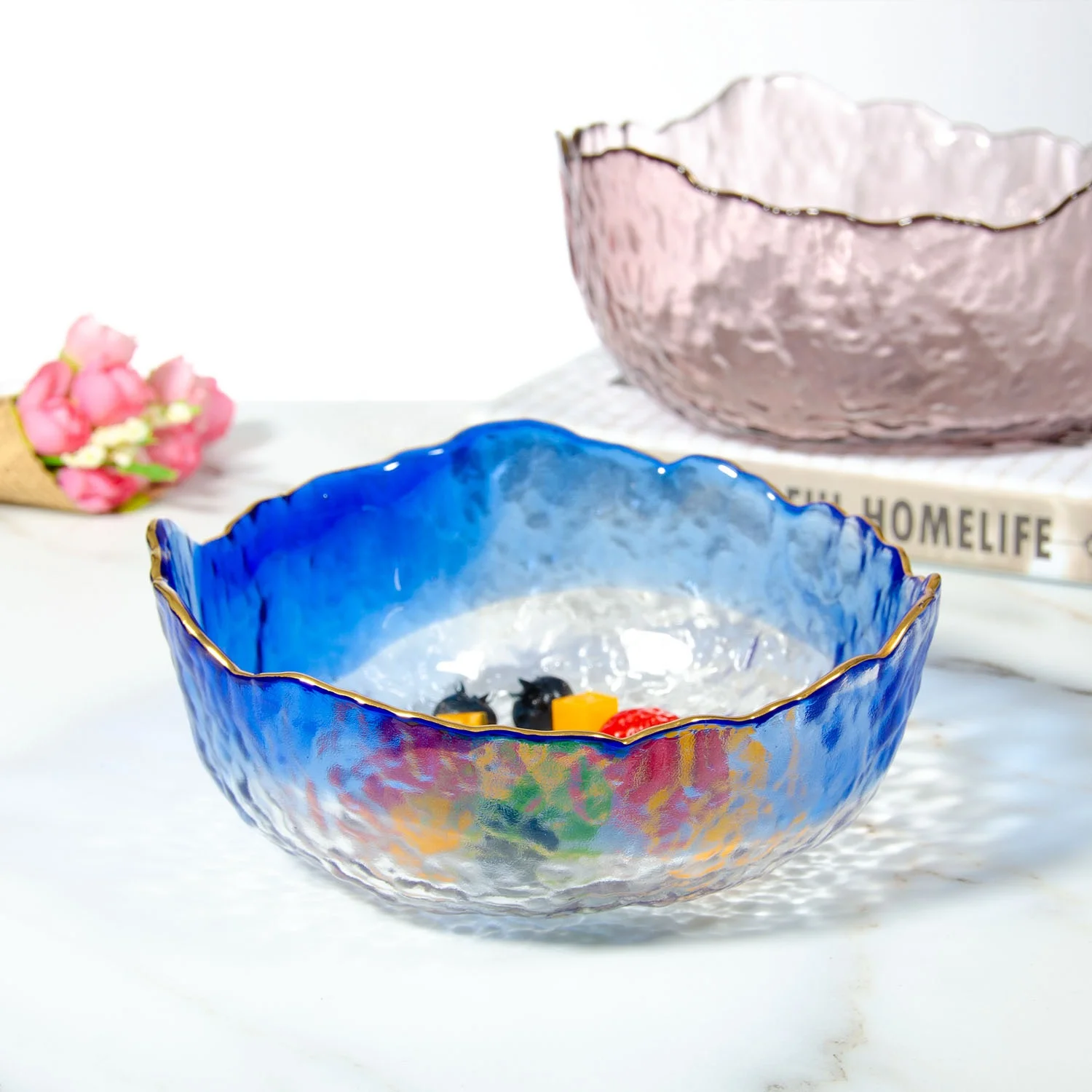 批发流行花式廉价高级玻璃水果碗彩色碗玻璃沙拉碗与金边