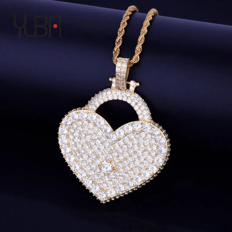 

Explosive Couple Pendant for Men and Women Full Rhinestone Zircon Hip Hop Love Lock Shape Necklace, Picture shows