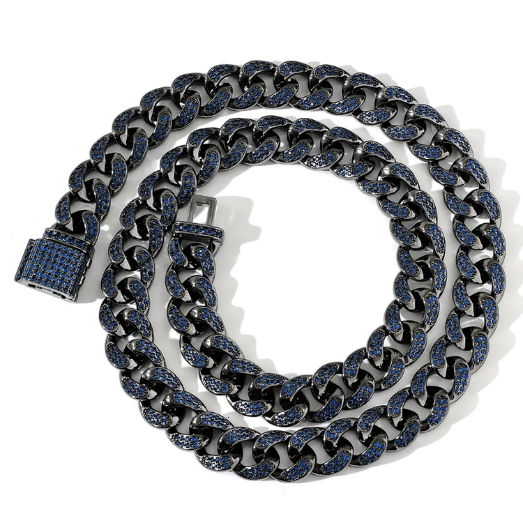

Hot Selling Fashion Hiphop Men Necklace Rap Blue 5A CZ Diamond Black Cuban Link Chain