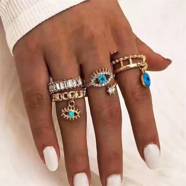 

The Latest Jewelry Wholesale Personality Punk Wind Demon Eye Ring Diamond Dripping Oil Hollow Ring Set Ring, Picture shows