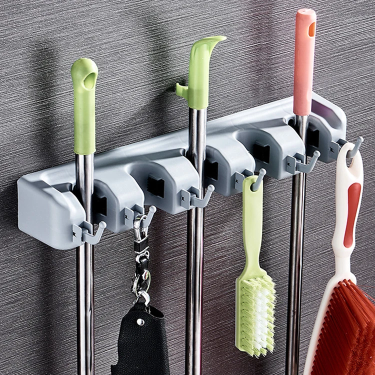 

Broom Holder Wall Mounted - Mop and Broom Hanger Holder - Garage Storage Rack & Garden Tool Organizer - 5 Position 6 Hooks, Grey