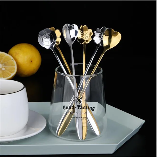 

Stainless Steel Korean Spoon Coffee Spoon Children Long Handle Creative Mixing Dessert Flower Spoon Kitchen Accessories, As photo
