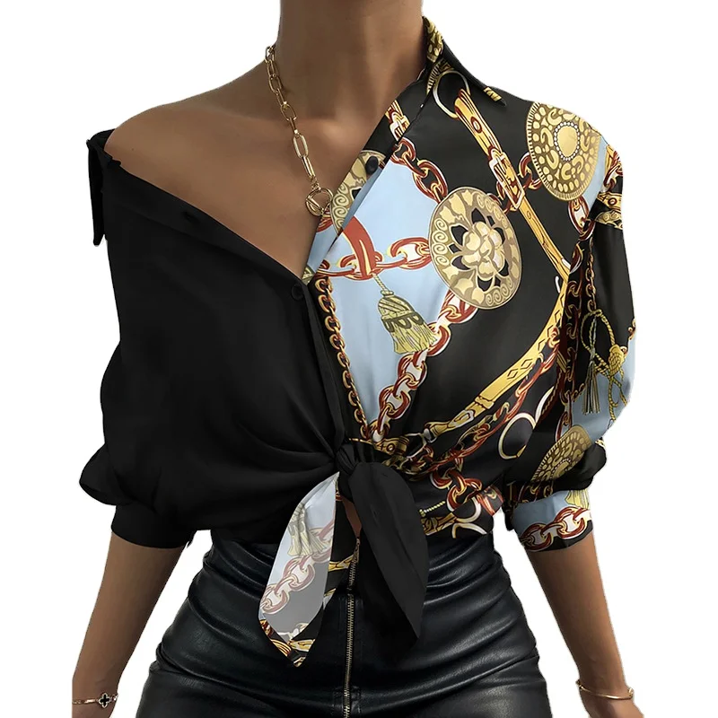 

Woman Tops Fashionable Luxury Blouses Print Button Design Shirt Casual Scarf Print Button Up Long Sleeve Plus Size Blouse