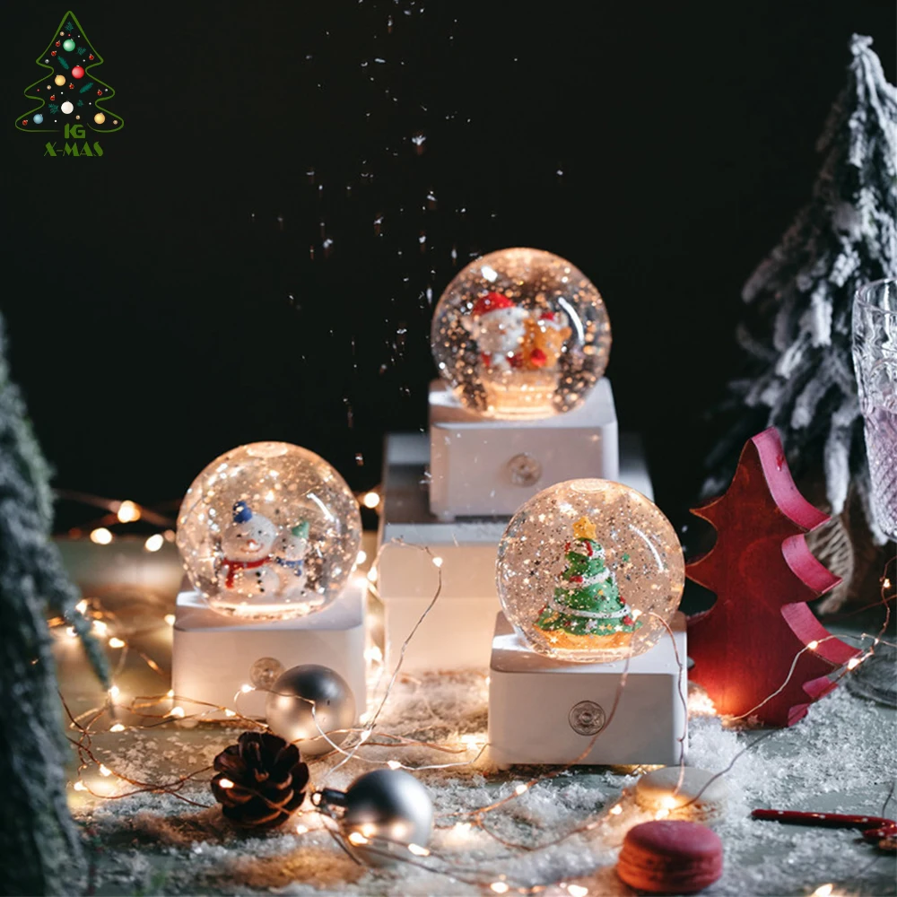 

KG Xmas In Stock Adornos De Navidad Lovely 8cm Automatic Snow Water Ball Musical Christmas Snow Globe With Touch Switch