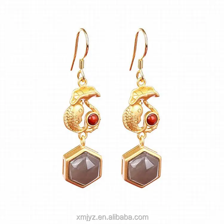 

Certified S925 Sterling Silver Gold-Plated Inlaid Natural Hetian Jade Earrings 28