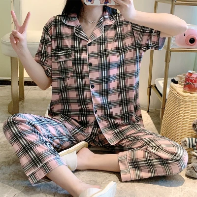 

Summer pajamas women's short sleeve trousers cardigan Korean version sweet and fresh raw home wear short and long sweat absorpti, :seven color(1#,2#,3#,4#,5#,6#,7#)