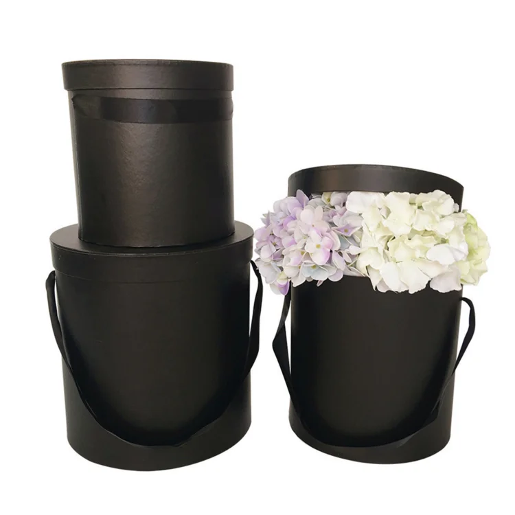 

Paper Florist Bouquets Packaging Plain Black Rose Round Cylinder Hat Box Cardboard Portable Flower Gift Set Boxes