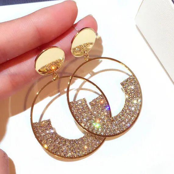 

Simple 925 Silver Needle Hollow Crystal Rhinestone Large Circle Earrings Glitter Crystal Round Hoop Earrings For Girls