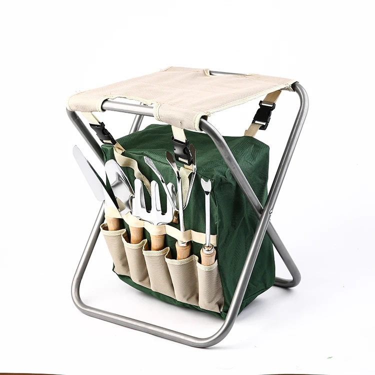 wholesale outdoor adult handheld shovel fork rake garden tools set foldable stool with tools