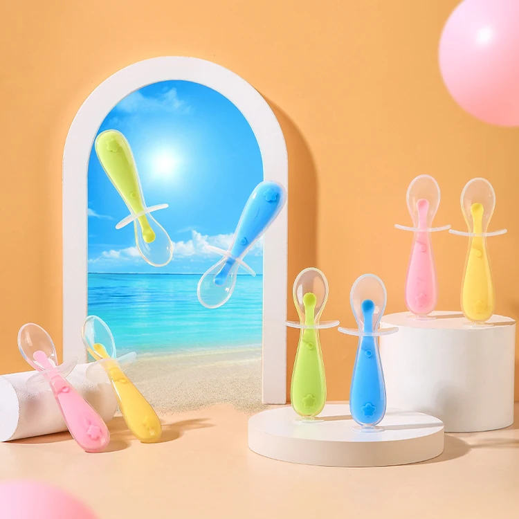 

BPA Free First Stage Soft Tip Self Feeding Long Handle Silicone Baby Spoon for Infant Baby