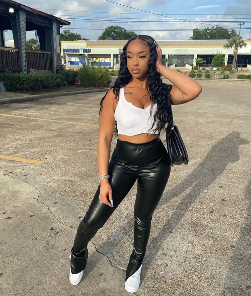 

Hot Style New Arrival Women Pants High Elasticity Black Micro Speaker Casual Side Split Pu Leather Pants