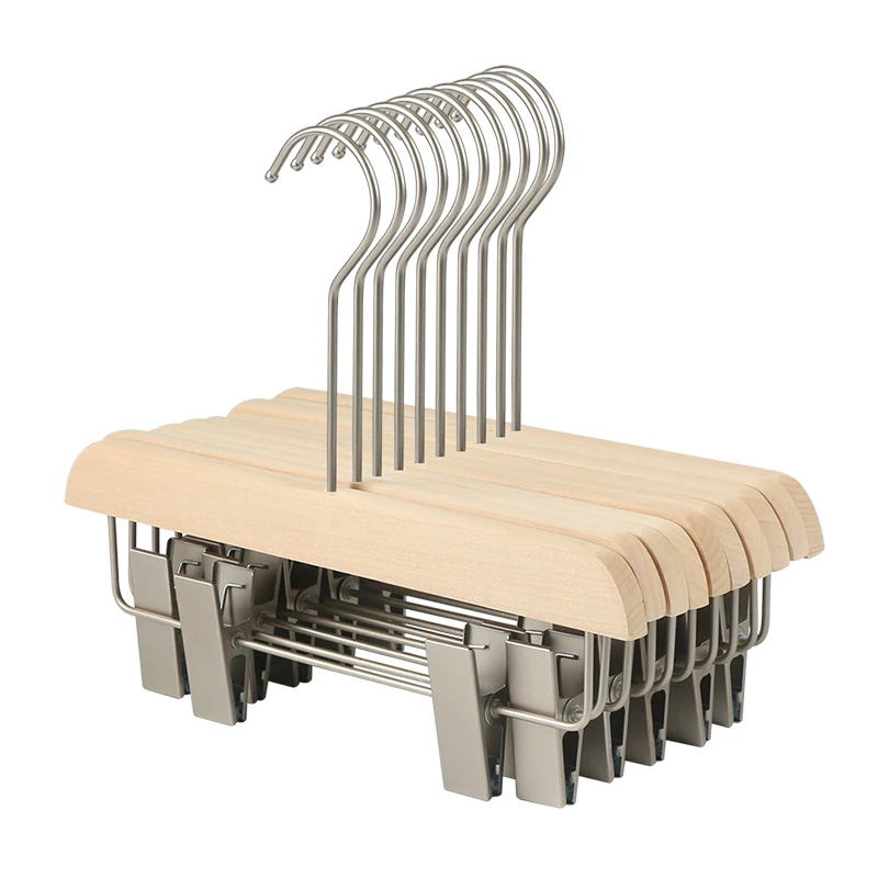 

High quality no paint wood non-slip steel clips Wooden Hangers for hanging pants skirt, Natural