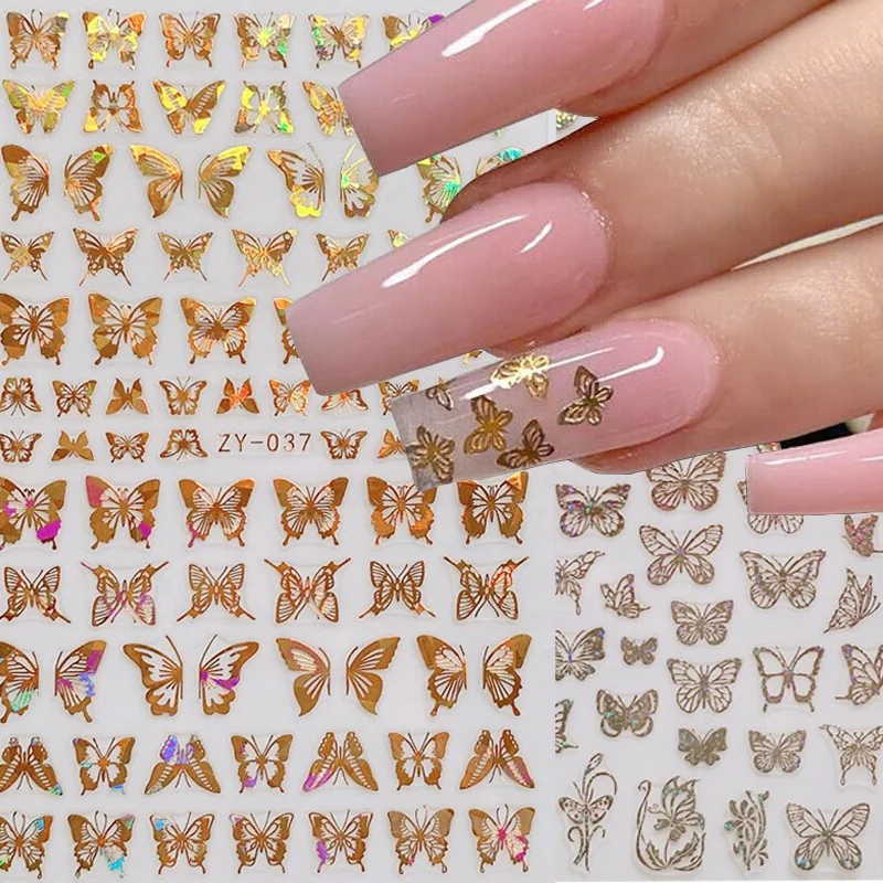 

2021 3D Nail Art Stickers Bronzing Butterfly Adhesive Sliders Nail Decals Wrap Foils Laser Glod Butterfly Nail Sticker, Multicolor fluffy ball
