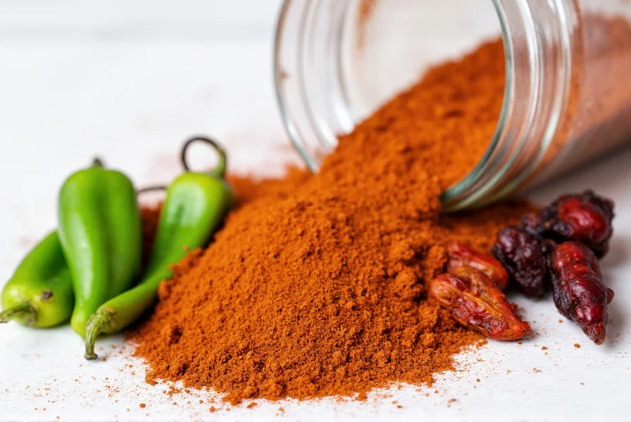 Close-up of ground chipotle pepper in a spice jar next to fresh jalapeño and smoked chipotle peppers showing the transformation process