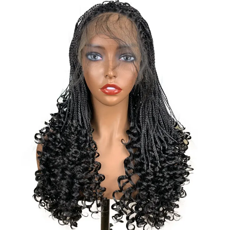 

Synthetic Three Braids In Middle And Ends goddess hair extensions box braid crochet curly hair extensions, Natural color lace wig