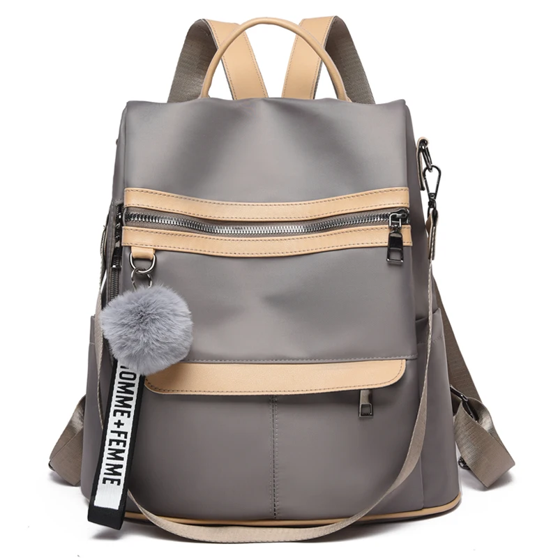 

Simple Oxford Backpack Ladies School Bag Pompom Pure Color PU Leather Women Bag Fashion All-match Casual Shoulder Bag