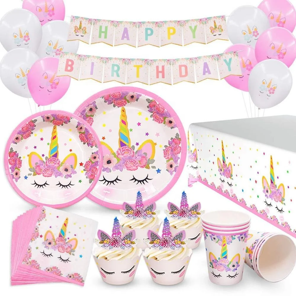 

Hot Sale Sleeping Unicorn Theme Birthday Party Supplies Paper Tableware Sets, Pink