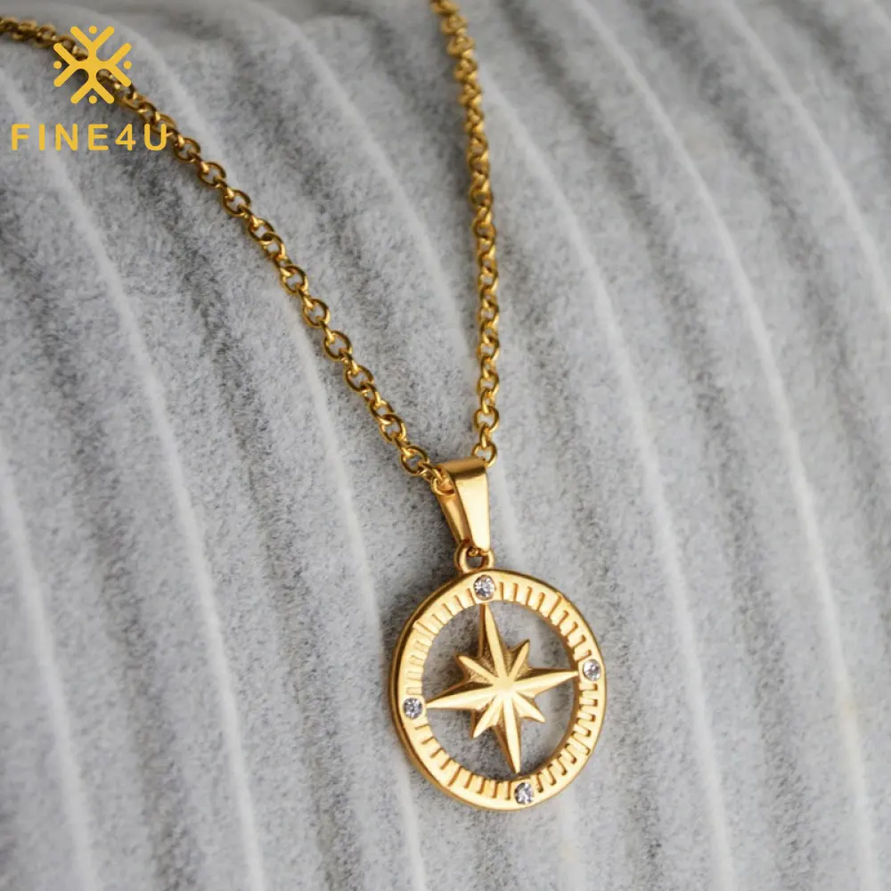 

New Stainless Steel Gold Plated Round Hollow Compass Pendant Hip Hop Men Fashion Jewelry Necklaces