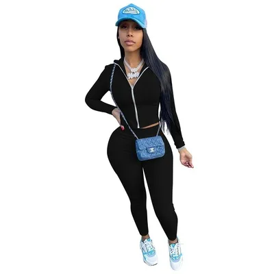 

X03588C Women Tracksuit Solid Full Sleeve Zipper Strand Collar Slim Crop Tops Skinny Pants Two 2 Piece Sets Casual Outfit Autumn, Black