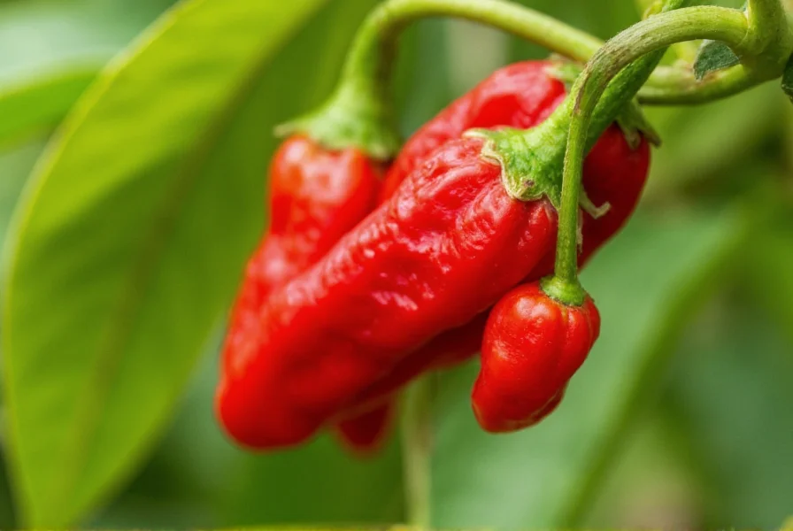 Close-up of mature red Pepper Madness chili peppers growing on plant with characteristic wrinkled texture and tapered shape