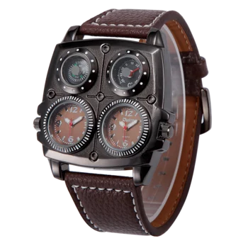 

Oulm 1140 hot sell brown man quartz watch exclusive Genuine Leather Strap square compass giant Casual wrist watch