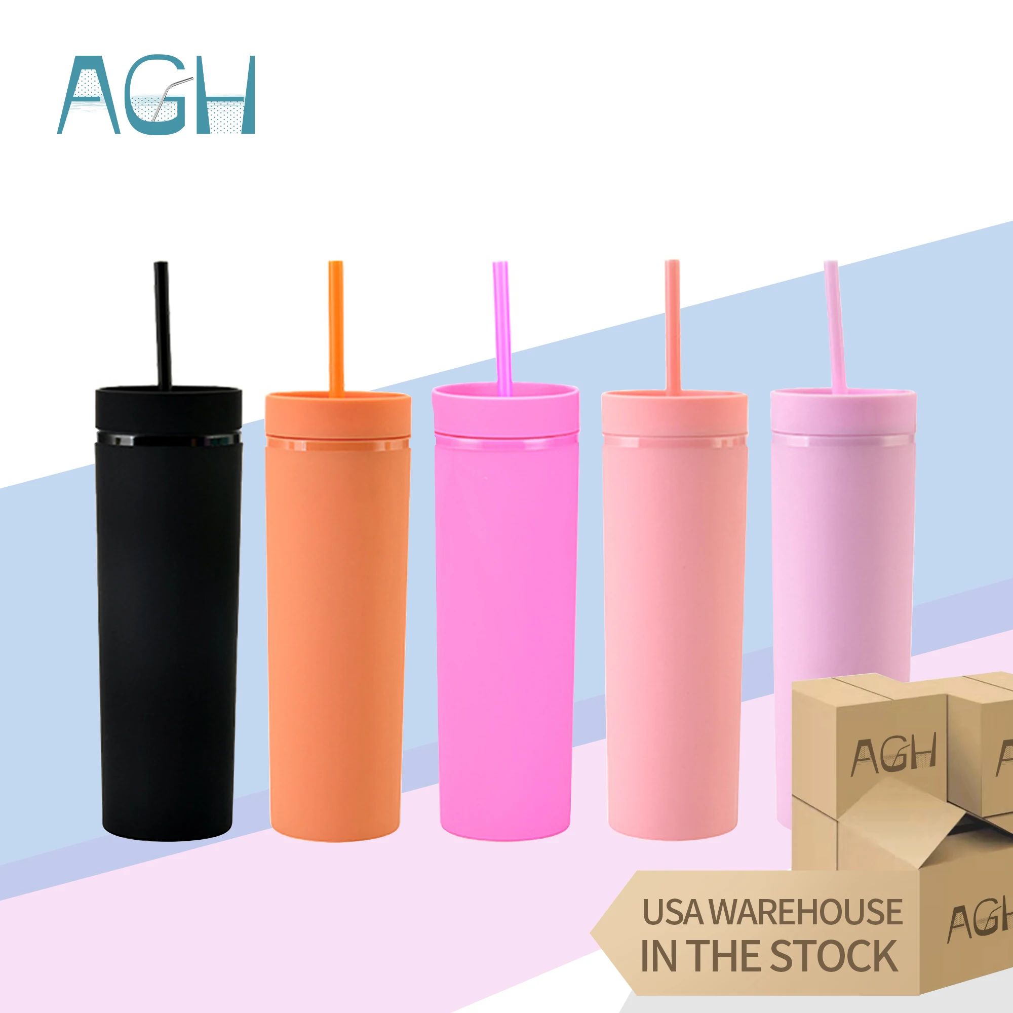 

USA warehouse free shipping BPA free acrylic matte double wall skinny straight plastic tumbler come with straw and lid, Each case mix 5 colors