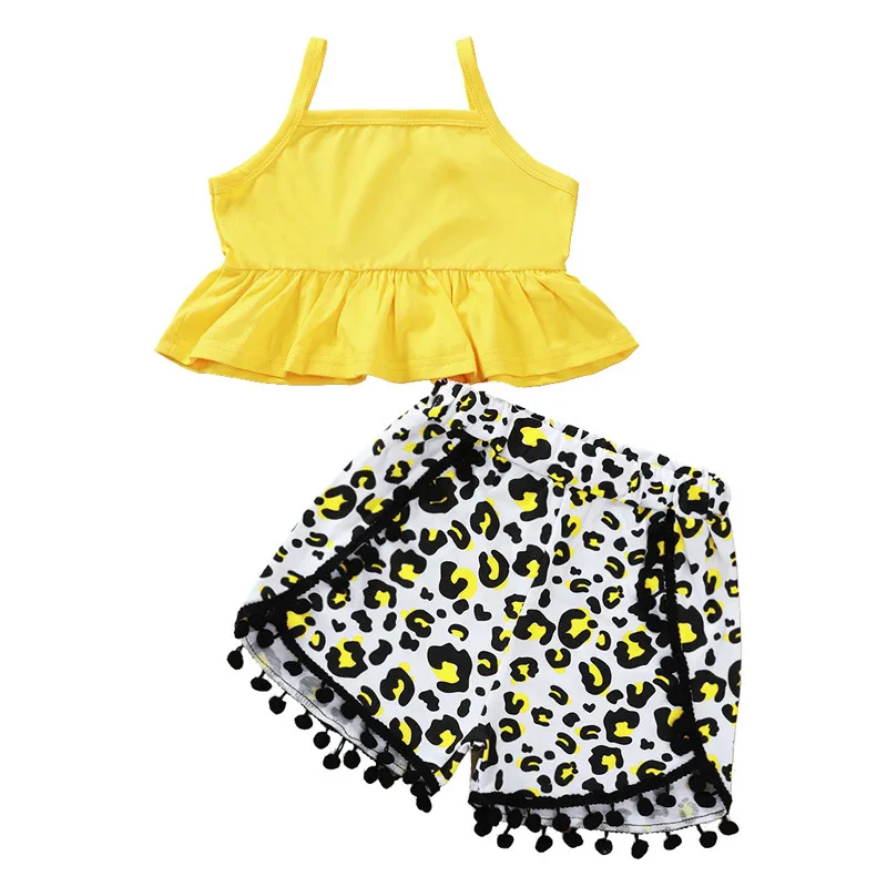 

RTS new leopard print yellow stripe top pompoms children short set fashion summer girls clothes, As picture show