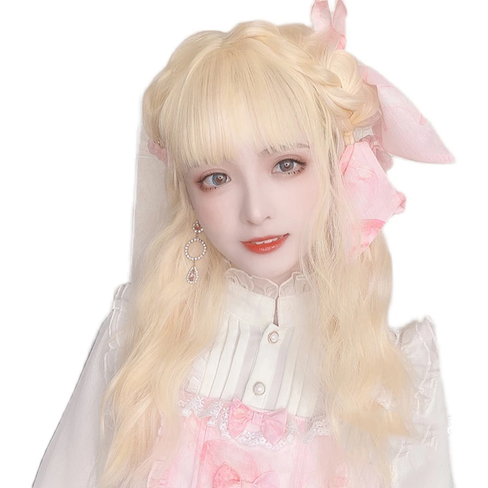 

Cream Golden Long Curly Hair Wig Lolita Sweet Natural Girls Cosplay Cute Grooming Face Harajuku Girls Cosplay Party Wigs, Pic showed