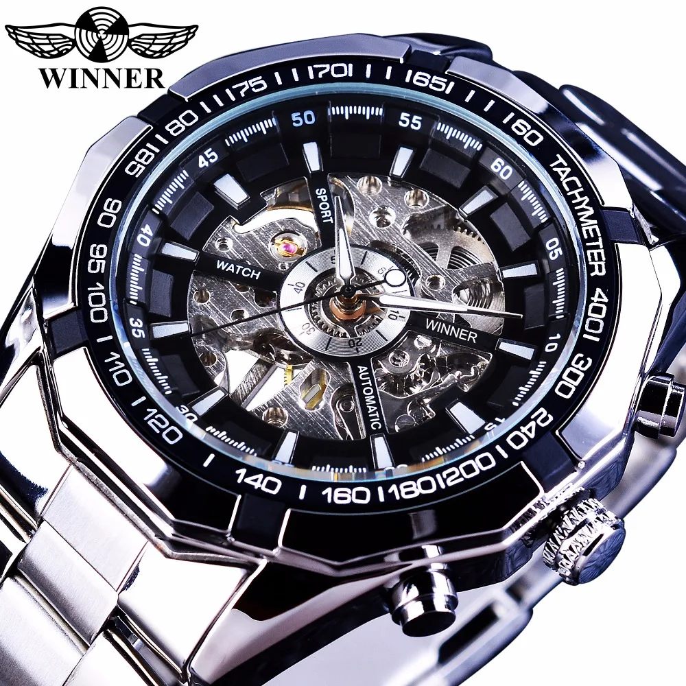 

Winner Watch AliExpress Hot Sell Stainless Steel Watches Men Wrist Digital Skeleton Auto Mechanical Self-Wind Male Wristwatches, 2-color