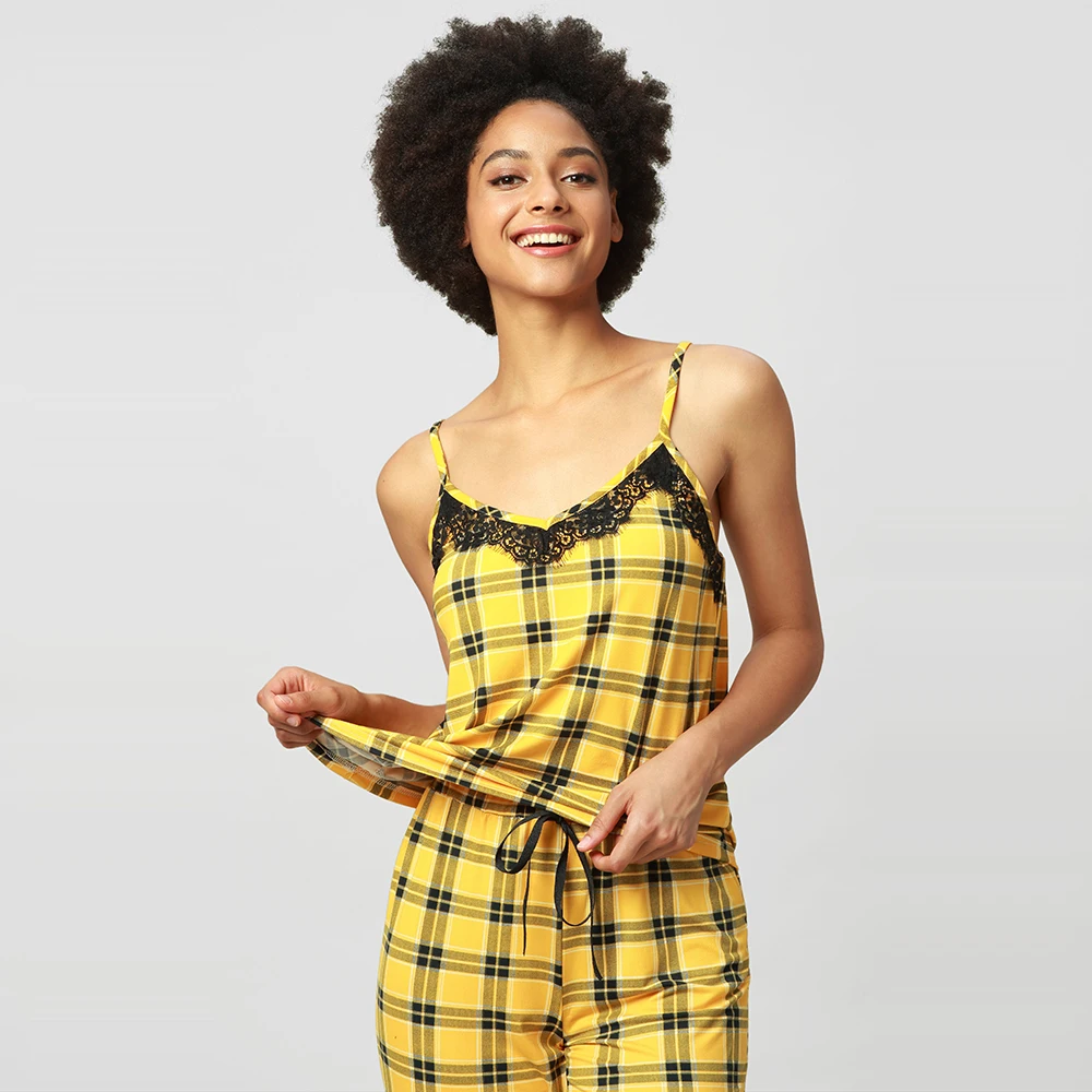 

2021 summer trend yellow plaid print two piece cami sexy lace pijama pj long pants nightdress pajamas sets for women teen girls
