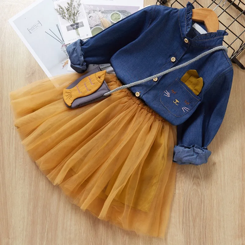 

Boutique spring autumn Girls cute cat pattern denim Shirt with solid tulle skirt and bag Clothing Sets, Picture shows